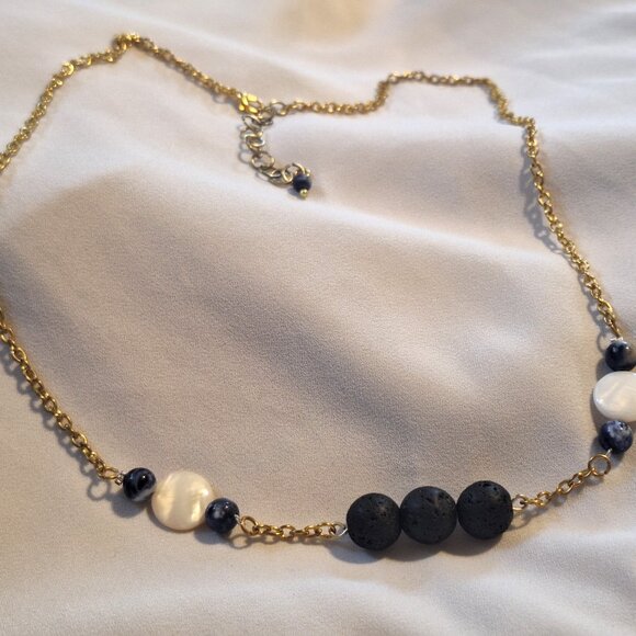 Artisan Handmade Mother of Pearl Sodalite Lava Stone Diffuser Bead Necklace - Picture 2 of 6